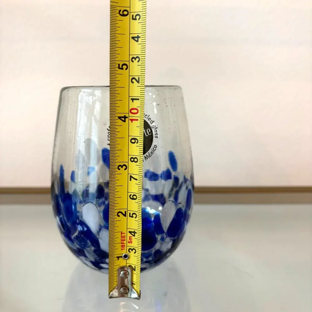 2pc Hand Blown Mexican Art Glass Stemless Wine Glasses Blue & White Confetti NEW